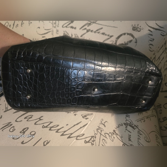 Furla Blk Crocodile Italian Leather Satchel Handbag EUC w/ Twilly - Picture 3 of 13